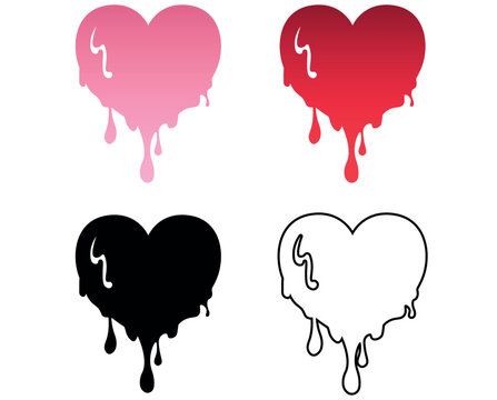 Four graphic dripping heart designs: pink, red, black, and outline, symbolizing love, passion, and emotion.