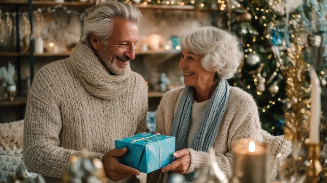 Happy senior couple exchanging a present, celebrating holidays at home