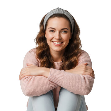 Smiling woman wearing cozy knitted sweater