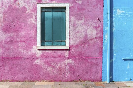 Window of a blue and pink house, colorful houses, colorful facade, Burano Island, Venice, Veneto, Italy