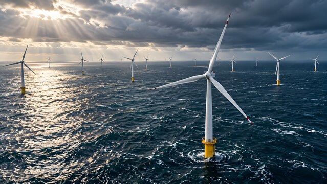 Offshore Wind Farm with Multiple Turbines in Dramatic Ocean Landscape