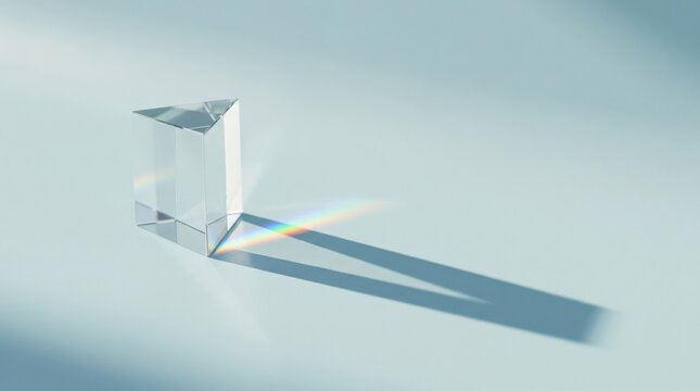 Minimal glass prism casting a long blue-gray shadow across a pale cyan surface, premium product-style CGI, subtle rainbow refraction, crisp geometric form, soft daylight aesthetic, clean conceptual