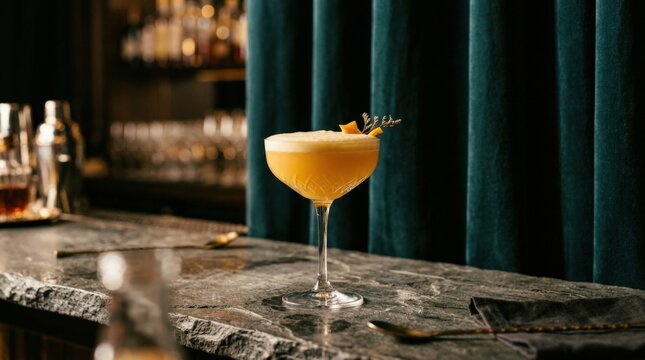 Elegant cocktail coupe filled with a frothy golden-orange drink on a gray stone surface, dark teal velvet curtains behind, luxury beverage photography, soft warm highlights, refined glass reflections,