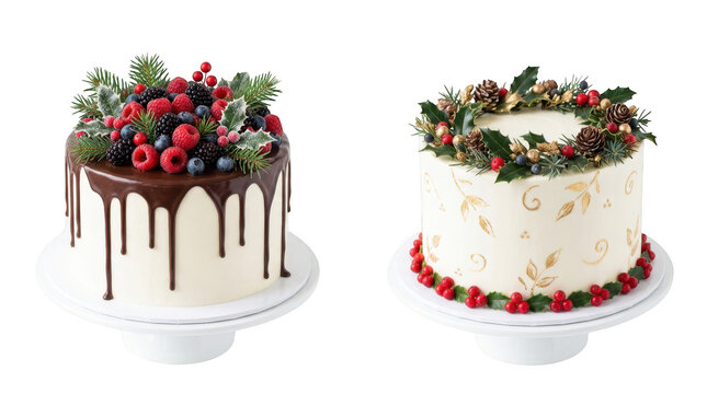 Two festive christmas cakes decorated with berries, pine branches, and holly, isolated on transparent background