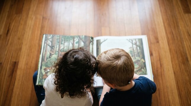 Two toddlers reading a large open picture book together on a wooden floor, capturing childhood curiosity and early literacy for educational marketing and preschool storytelling.