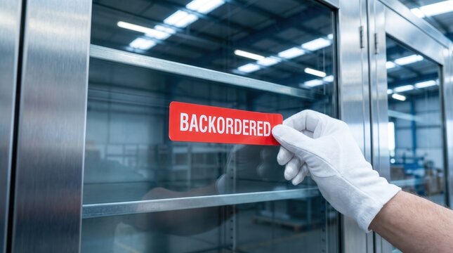 Gloved hand applying red backordered sticker to glass cabinet door, capturing supply chain disruption and inventory shortage for industrial logistics and retail management.