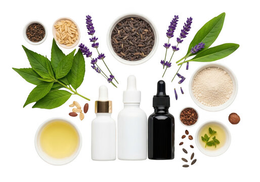 Natural ingredients and wellness products on wooden surface