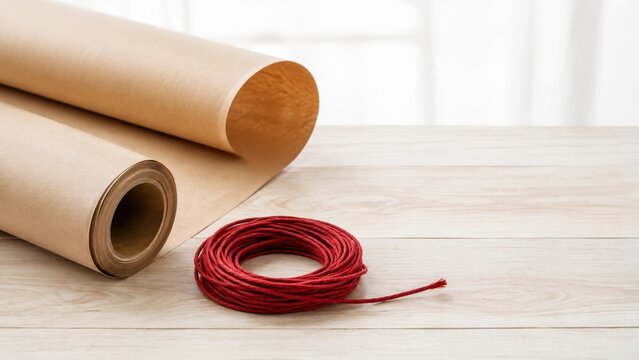 Kraft wrapping paper rolls with red twine on a bright wooden table for holiday packaging