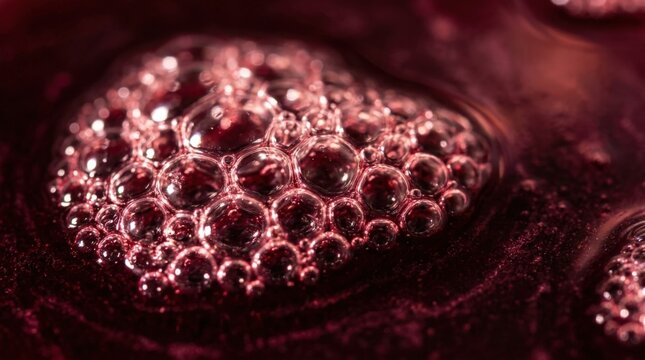 Macro field of translucent bubbles clustered in dark burgundy liquid, abstract cosmetic texture photography, glowing highlights, shallow depth, red-purple palette and sensual luxurious atmosphere.