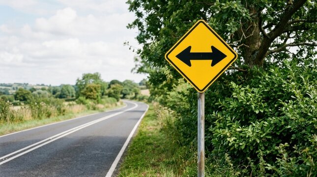 Yellow directional road sign with double arrow indicating opposite directions on a rural road