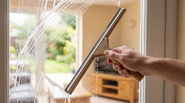 Cleaning Window Glass with Squeegee and Soapy Water
