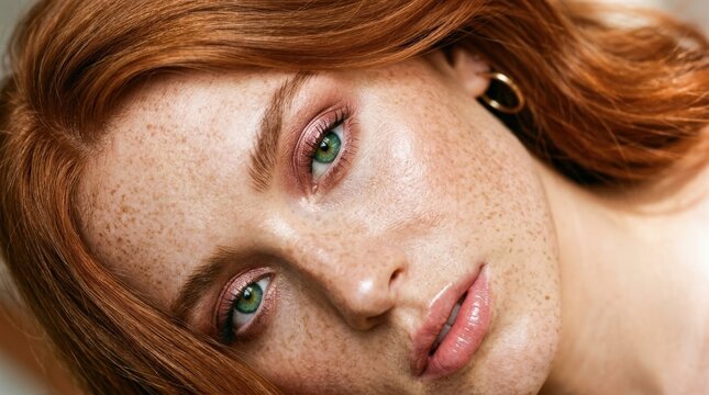 Extreme diagonal close-up of a freckled red-haired woman's face with luminous green eyes, glossy natural pink lips and metallic rose eye shadow, editorial beauty photography, warm copper hair framing