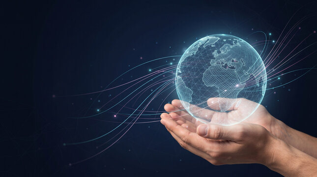 Global network connectivity concept with hands holding a glowing digital earth sphere representing international telecommunications and data transfer
