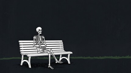 Obraz premium Skeleton sitting alone on a white park bench against a charcoal backdrop with a strip of greenery, minimalist conceptual illustration, strong black-white contrast and quiet eerie atmosphere.