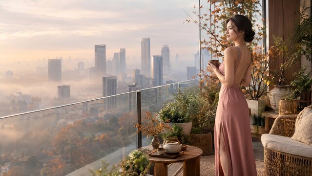 Elegant Asian woman in a backless pink maxi dress holding a cup on a luxury balcony overlooking a foggy city skyline at sunrise