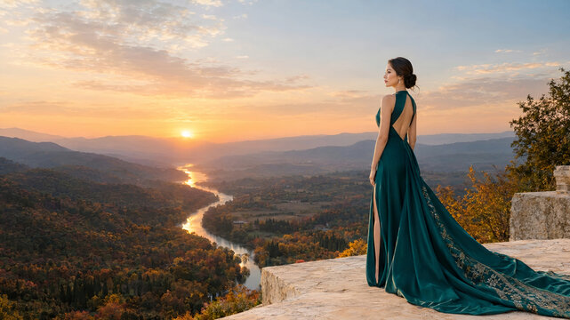 Elegant woman in a long emerald green backless gown standing on a cliff viewpoint overlooking a winding river valley during a golden sunset