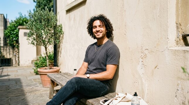 Curly-haired man seated outdoors in bright sunlight against a pale architectural wall, casual lifestyle portrait, charcoal T-shirt, warm skin tones and relaxed urban fashion mood.