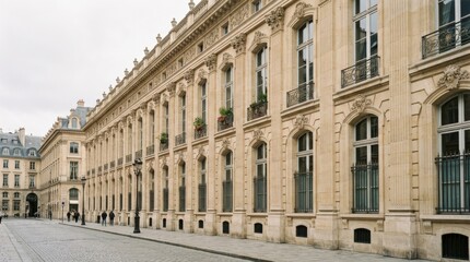 Obraz premium Elegant historic stone palace facade viewed obliquely along a city street, architectural travel photography, pale limestone ornament, rhythmic windows, soft daylight, refined European-style heritage