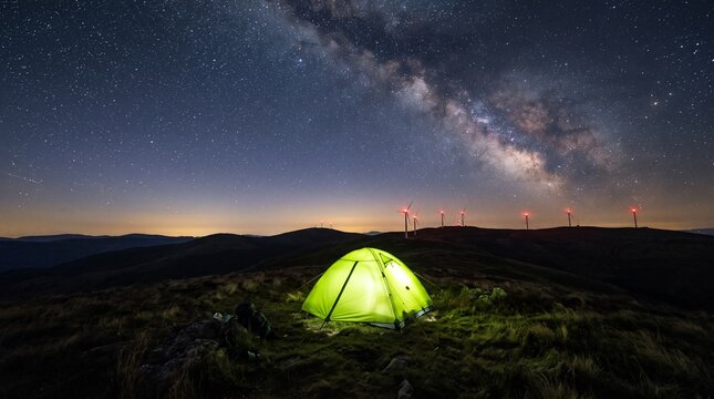 Glowing camping tent illuminated beneath breathtaking starry night sky with bright milky way galaxy and wind turbines