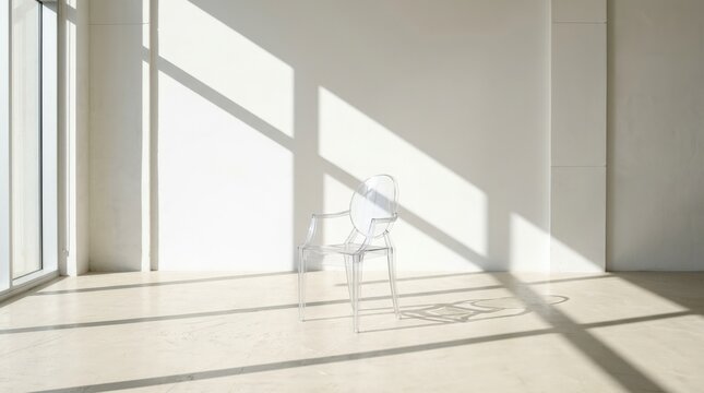 Single transparent chair in an almost all-white room crossed by dramatic diagonal sunlight, minimalist interior photography, high-key cream palette, long soft-gray shadows, sparse contemporary