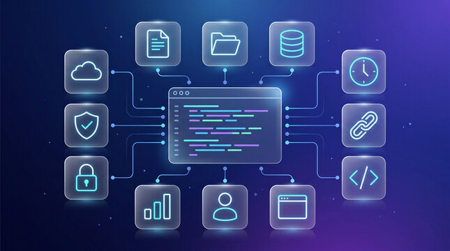 Software development integration concept with programming code interface connected to cloud security and data icons representing system architecture