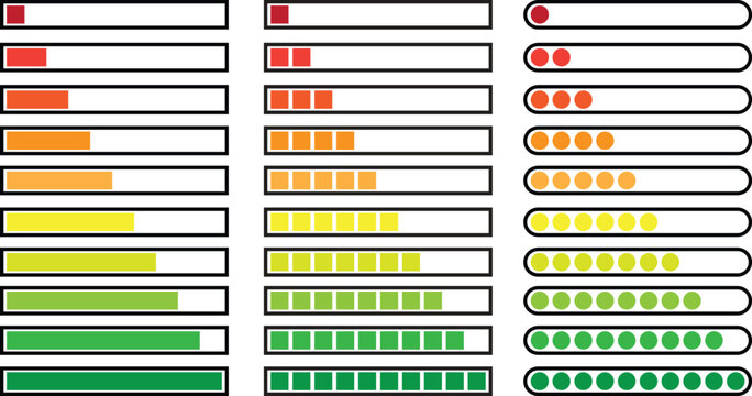 Loading progress bar icon set with solid, square block, and dotted styles in ten color steps, ideal for website preloaders, app download bars, and UI designs vectors illustration.