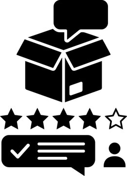 Black silhouette of an open package box with star rating and customer feedback review bubbles vector illustration