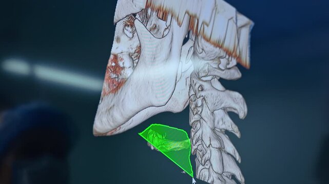 A three-dimensional computed tomography reconstruction of the skull base. Highlighting a specific bone structure in a green overlay at the computer screen. Close up.