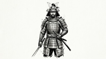 Fototapeta premium Black samurai warrior standing front-facing with sword and layered armor, monochrome ink sketch, fine detailed linework, white background, historic martial character study, dramatic restrained