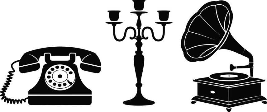 Vintage telephone chandelier and gramophone collection with classic retro home decor objects in black silhouette vector illustration
