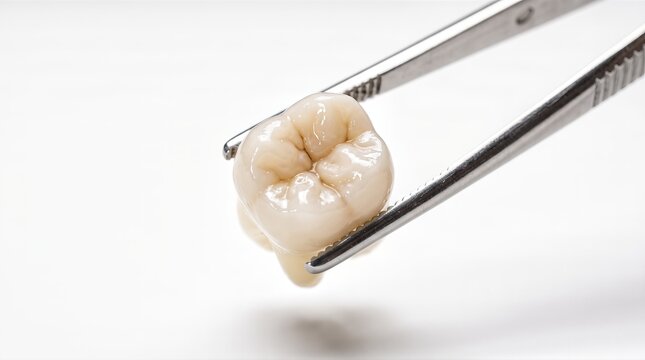 Dental tweezers holding an extracted molar tooth on white background