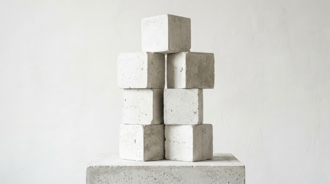 Stacked white concrete cubes in a high-key minimalist still life, brutalist object photography, off-white and pale gray palette, subtle surface pores, soft directional shadows, architecture