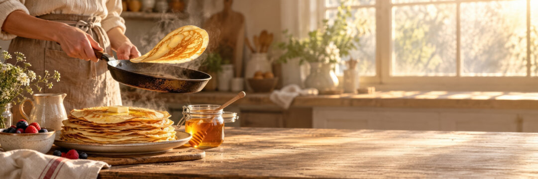 Adult woman flips a pancake in a pan beside a stack of pancakes, berries, and honey on a rustic kitchen table in warm morning light.