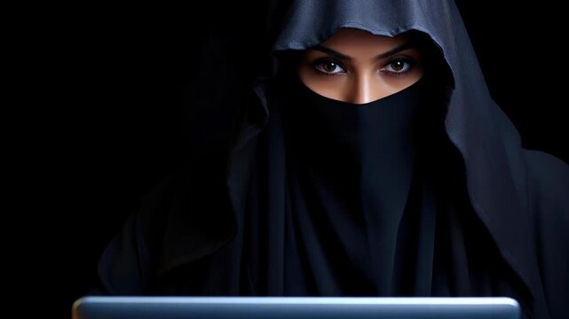 Close-up of a Woman in a Black Niqab Looking at a Digital Screen