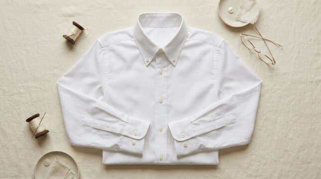 White collared shirt neatly arranged on a pale neutral surface, clean apparel flat-lay photography, soft cream and ivory palette, gentle shadows, minimal ecommerce styling and timeless wardrobe