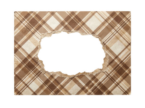 Vintage brown plaid fabric pattern card with a ragged torn hole in the center