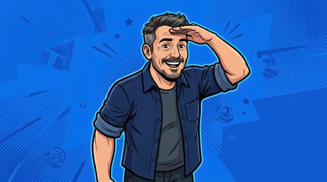 Smiling cartoon man raising a hand to his forehead in an expressive greeting or searching gesture, bold editorial illustration, navy shirt, blue background and clean comic-style line work.