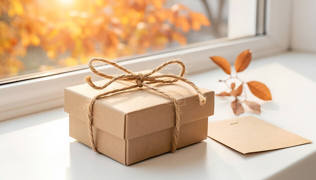 Wrapped gift box with string bow and blank card on a windowsill in autumn daylight for holiday celebration and gifting concept