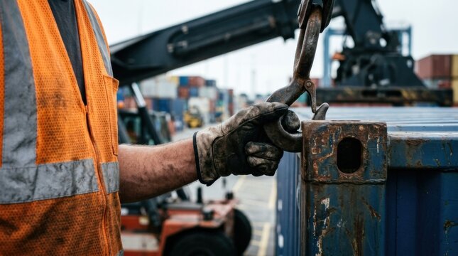 Dockworker guiding a shipping container hook into position at a busy cargo port terminal