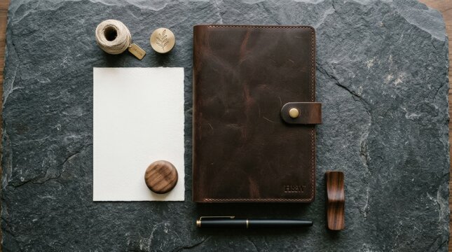 Dark brown leather notebook or wallet with a blank white card and round wooden accent, elegant flat lay on charcoal stone, tactile premium materials, muted earth tones, soft directional light and
