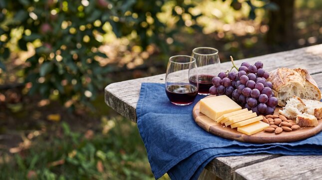 Rustic Vineyard Picnic: A delightful picnic spread of wine, cheese, grapes, nuts, and bread awaits on a rustic wooden table under the dappled sunlight of a vineyard.