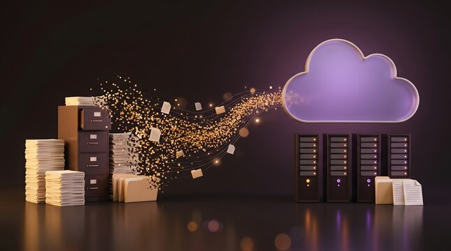 Cloud migration strategy showing physical document archives transforming into digital data streams for secure server storage