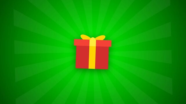 Red gift box jumping on green sunburst background