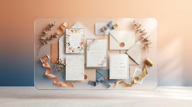 Floral wedding stationery arrangement displayed on a clear acrylic surface