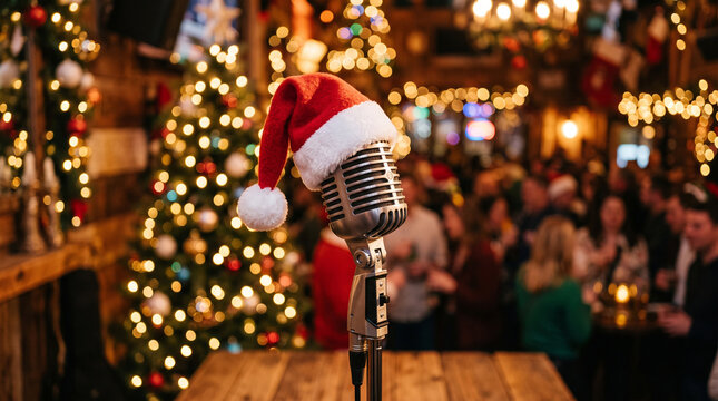 Festive microphone decorated with a Santa hat against a lively Christmas party background perfect for holiday event hosting and musical entertainment