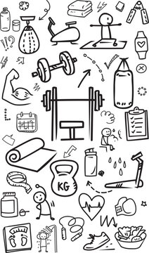 Active fitness workout gear and gym equipment vertical doodle pattern