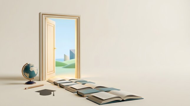Open door to knowledge with books and globe, 3D illustration representing academic growth and educational opportunities with copy space