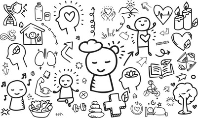 Fototapeta premium Longevity wellness and healthy living doodle horizontal banner