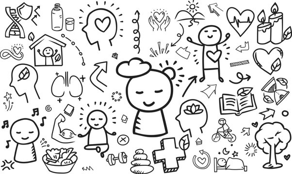 Longevity wellness and healthy living doodle horizontal banner