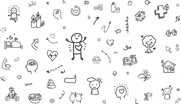 Minimal longevity healthy lifestyle doodle background with copy space